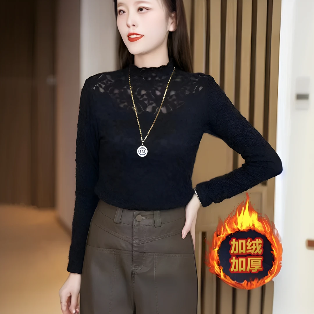 长袖款保暖网红冬季秋冬时尚百搭女士款花边半高领貂绒打底衫