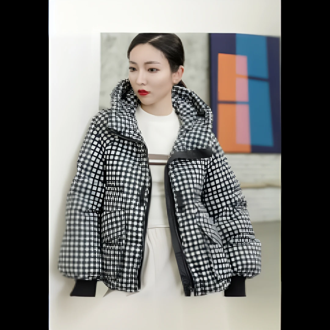 DW5497款千鸟格休闲时尚短款百搭连帽宽松加厚格子网红款羽绒服
