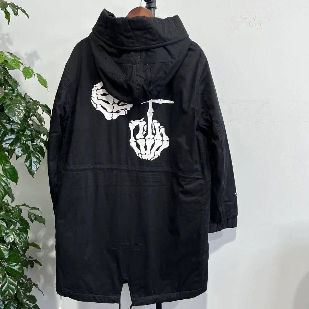 EX L-28潮牌秋冬季女款手指印花中长款休闲连帽棉衣 91351