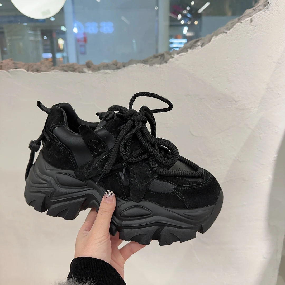 A66运动鞋百搭黑色韩版秋季系带厚底老爹鞋2095－36  外100 桌3内