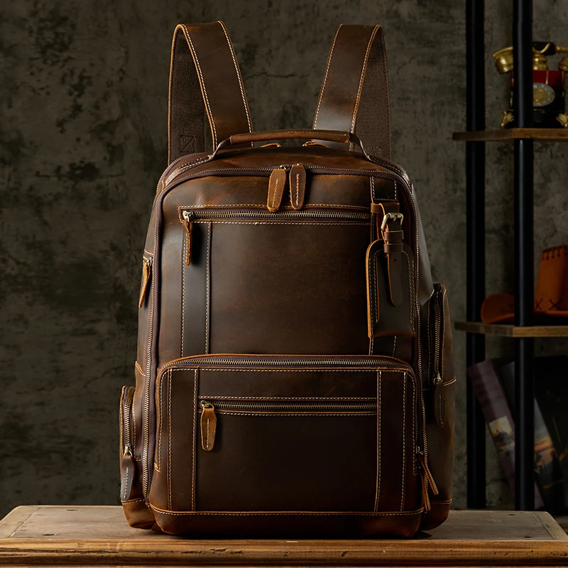 手工牛皮双肩包男士英伦风复古旅行背包疯马皮欧美风电脑男包方形