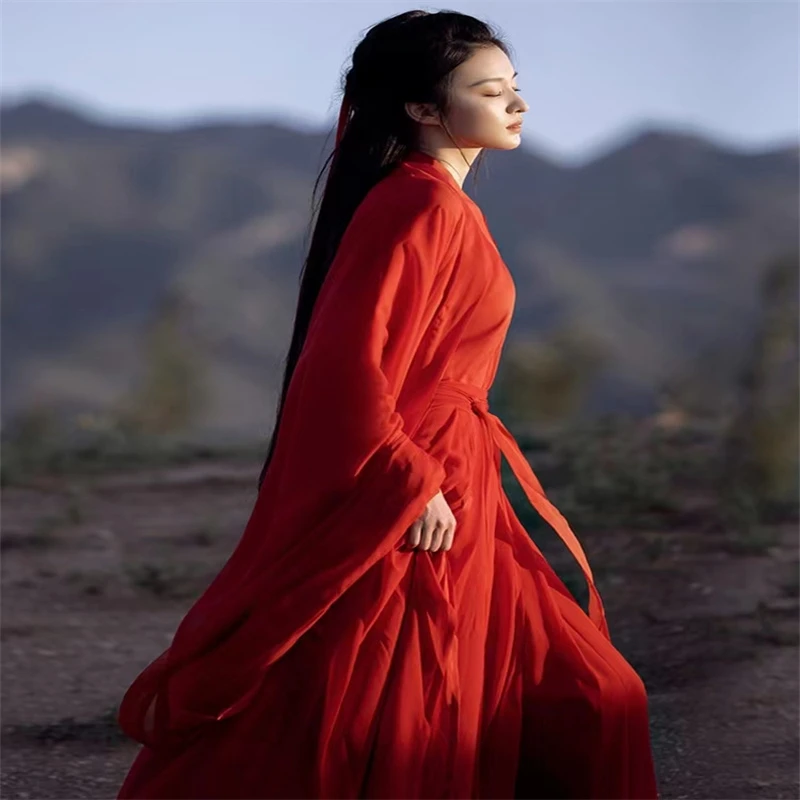 红色魏晋交领古风武侠古装汉服女中国风古典演出服套装超仙气飘逸