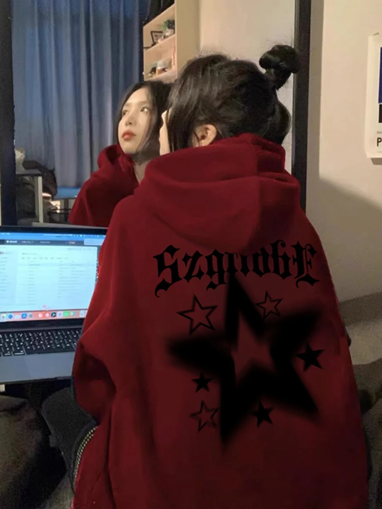 酒红色美式五角星卫衣秋冬重磅连帽卫衣oversize潮牌外套卫衣女