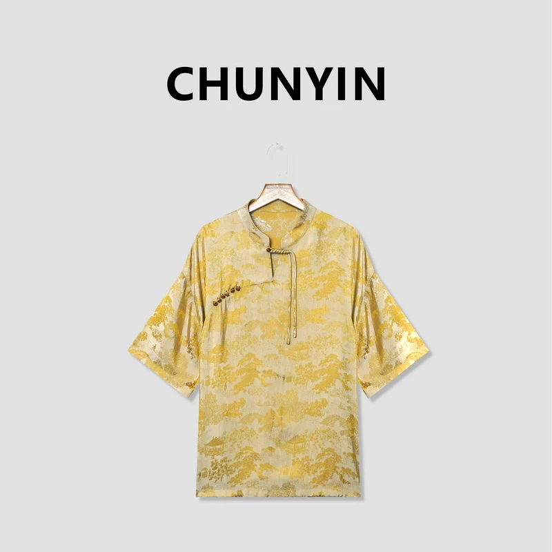 李心儿【韵风】新中式国风设计师提花时尚气质立领T恤22117