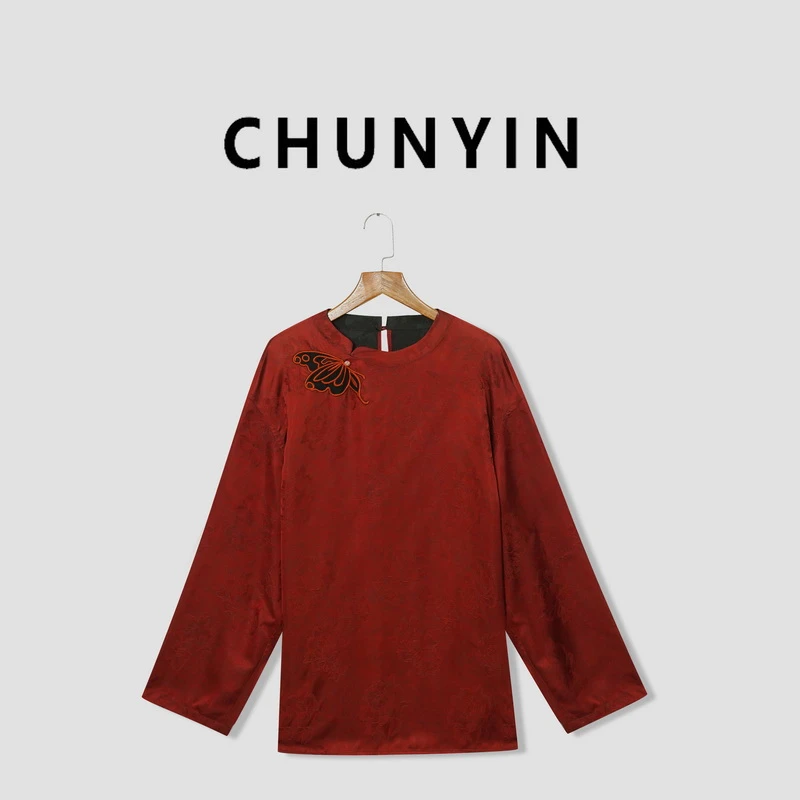 李心儿【红蝴蝶双面穿】新中式国风设计师提花时尚长袖上衣T恤26103