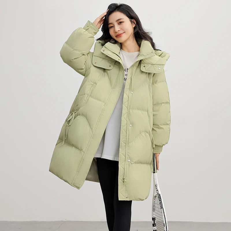 鸭绒中长款羽绒服女款时尚女士连帽加厚保暖冬季过膝