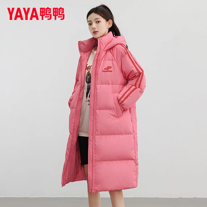 YAYA/鸭鸭羽绒服女2024新款中长款连帽冬宽松简约设计保暖外套潮