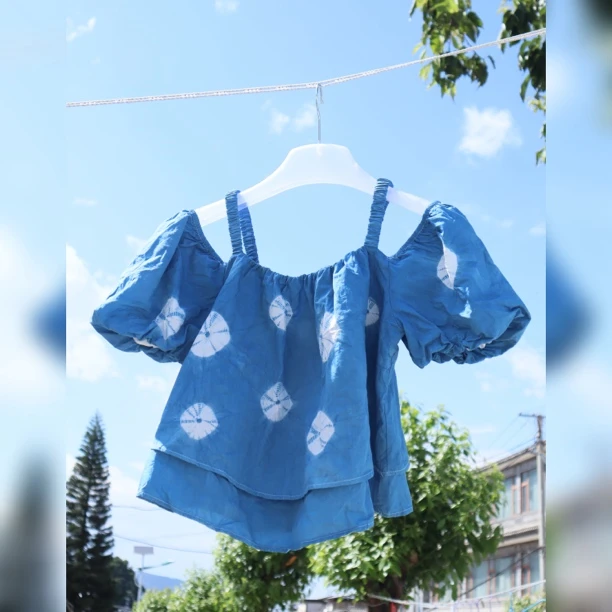 古法扎染 波点一字肩上衣