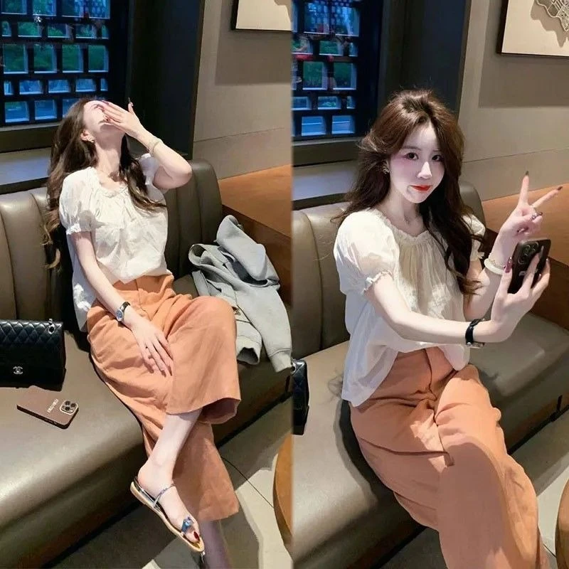 时尚夏季新款韩版休闲洋气质减龄压褶花边上衣橘色筒裤两件套装女