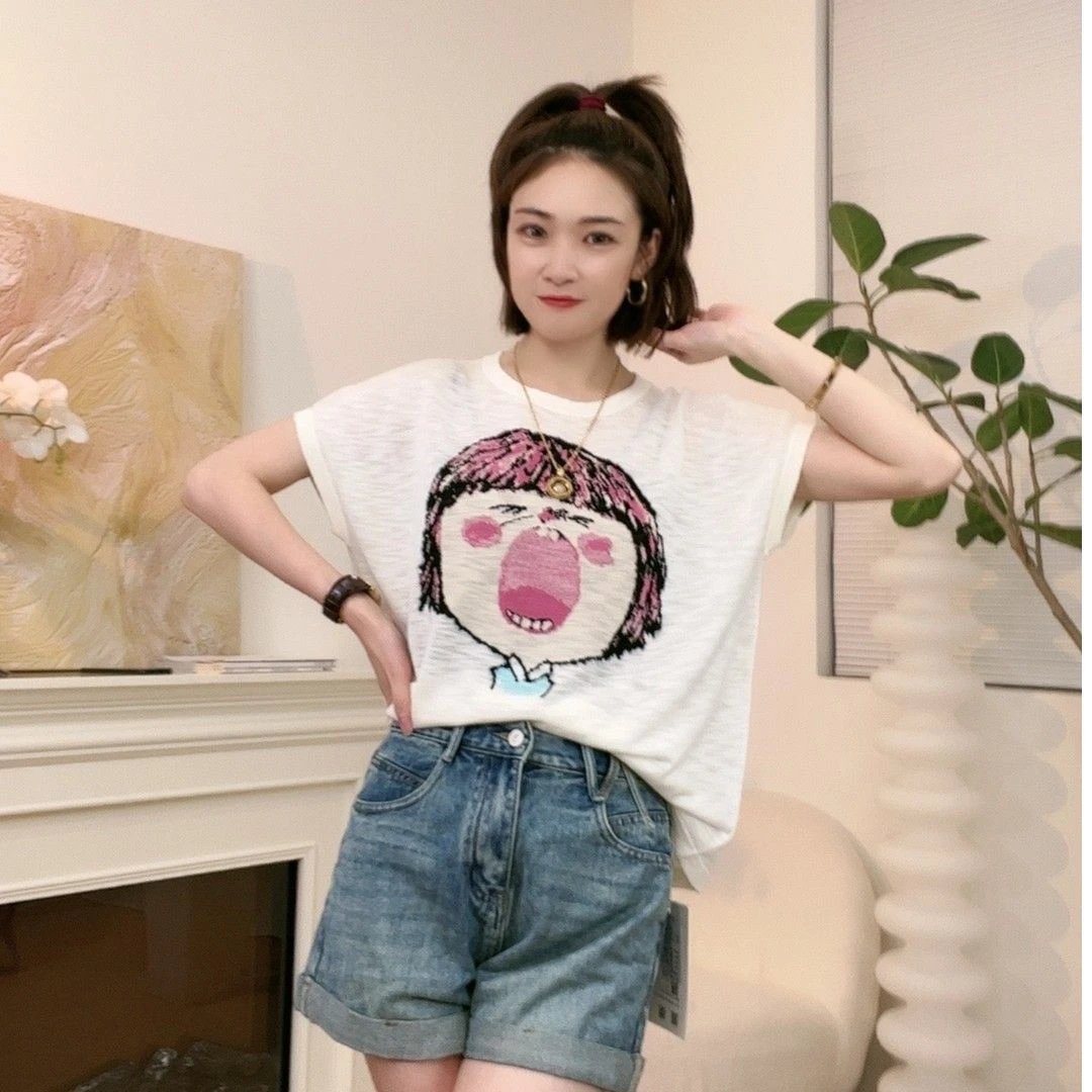 竹节棉纯棉短袖t恤女2025夏季新款设计感圆领卡通女孩休闲上衣潮