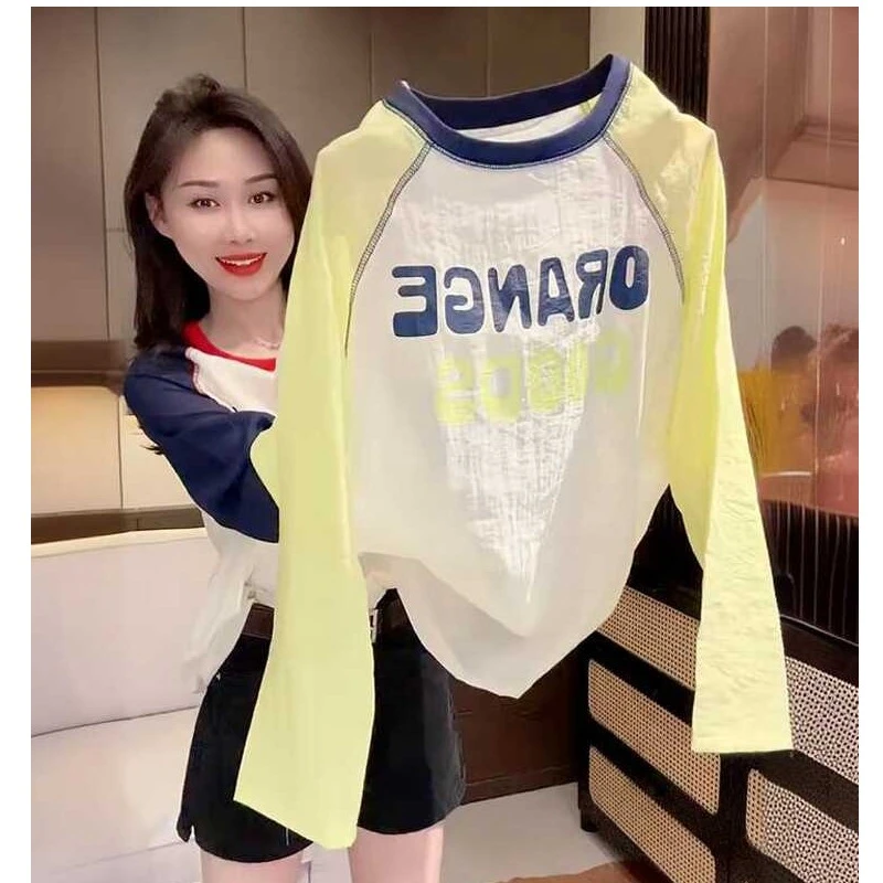 韩版设计感撞色长袖T恤女2025早秋新款宽松显瘦薄款插肩袖上衣潮