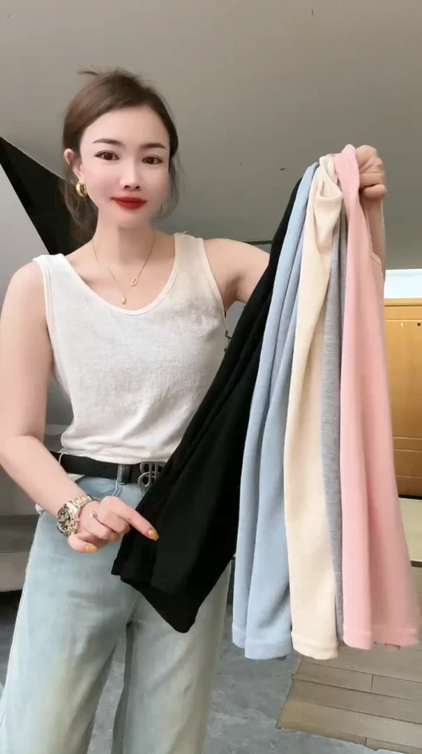 欧货2024春夏新款简约休闲百搭纯色锁骨领无袖外穿女背心打底上衣