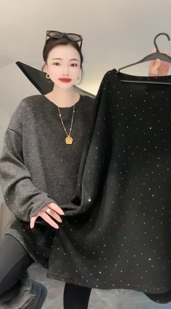 欧货2024秋冬新款时髦休闲百搭满天星烫钻灯芯绒加厚圆领长袖T恤