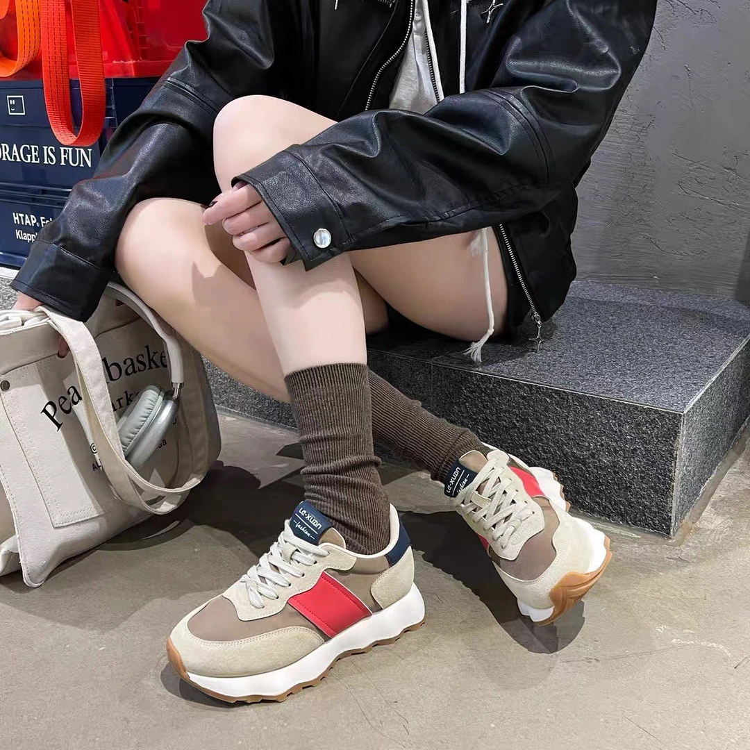 30013-真皮百搭拼色华夫阿甘鞋百搭女士厚底圆头休闲鞋