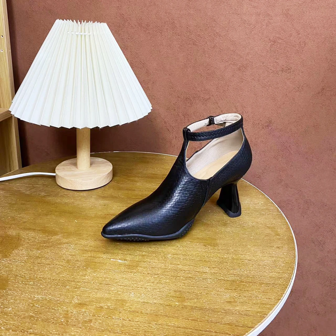 压花纹头层羊皮深口单鞋2024秋季新款高跟时装鞋真皮时尚粗跟软底