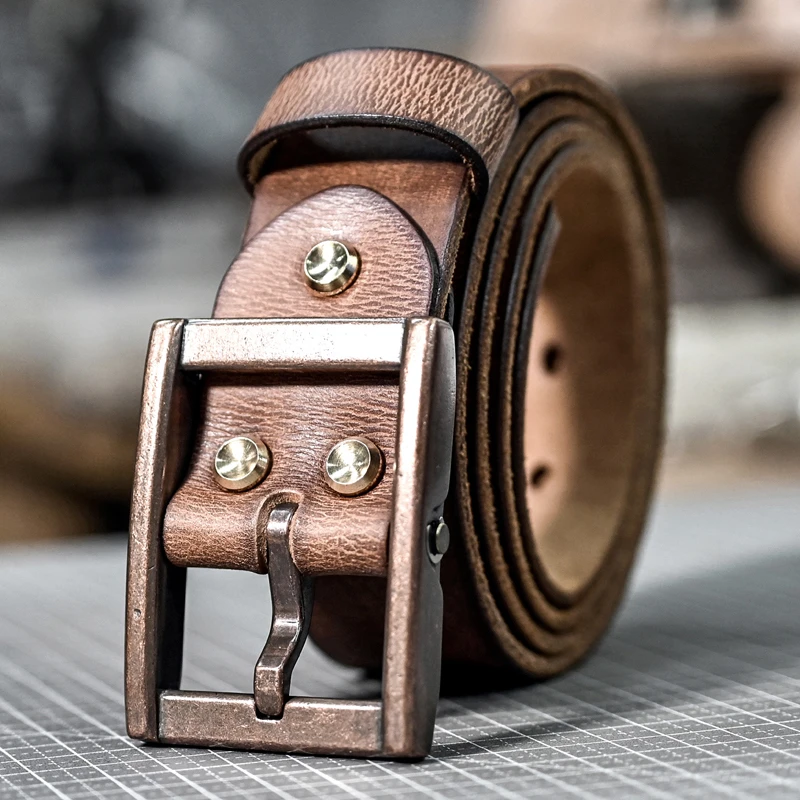 紫铜纯手工制作美式复古真皮耐用做旧腰带简约工装牛仔裤皮带男款