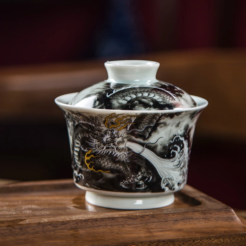 景德镇炎匠堂粉彩墨龙盖碗 主泡器 茶道 功夫茶  墨彩描金 中式