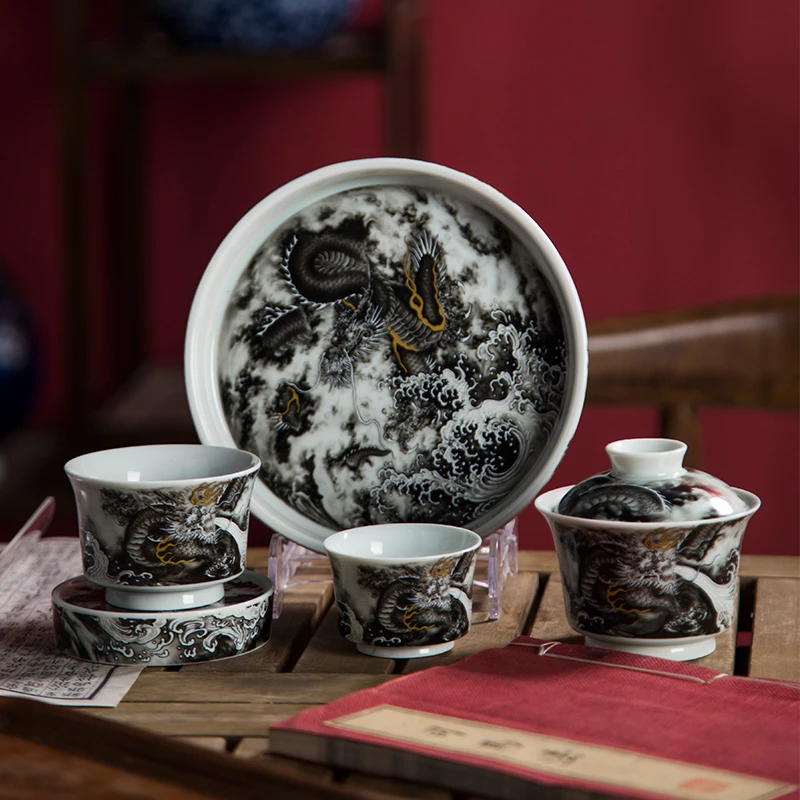 景德镇炎匠堂描金墨龙茶具套装 仿明清 干泡台 茶盘 套组