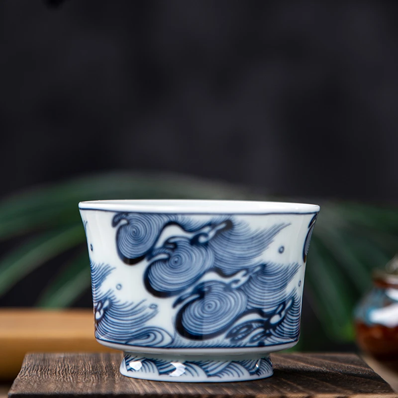 景德镇炎匠堂青花仿明海浪马蹄杯 主人杯 茶道 功夫茶 青花瓷