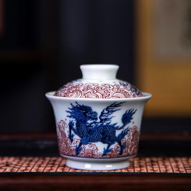 景德镇炎匠堂青花釉里红仿明麒麟踏浪马蹄盖碗青花瓷釉下彩茶具
