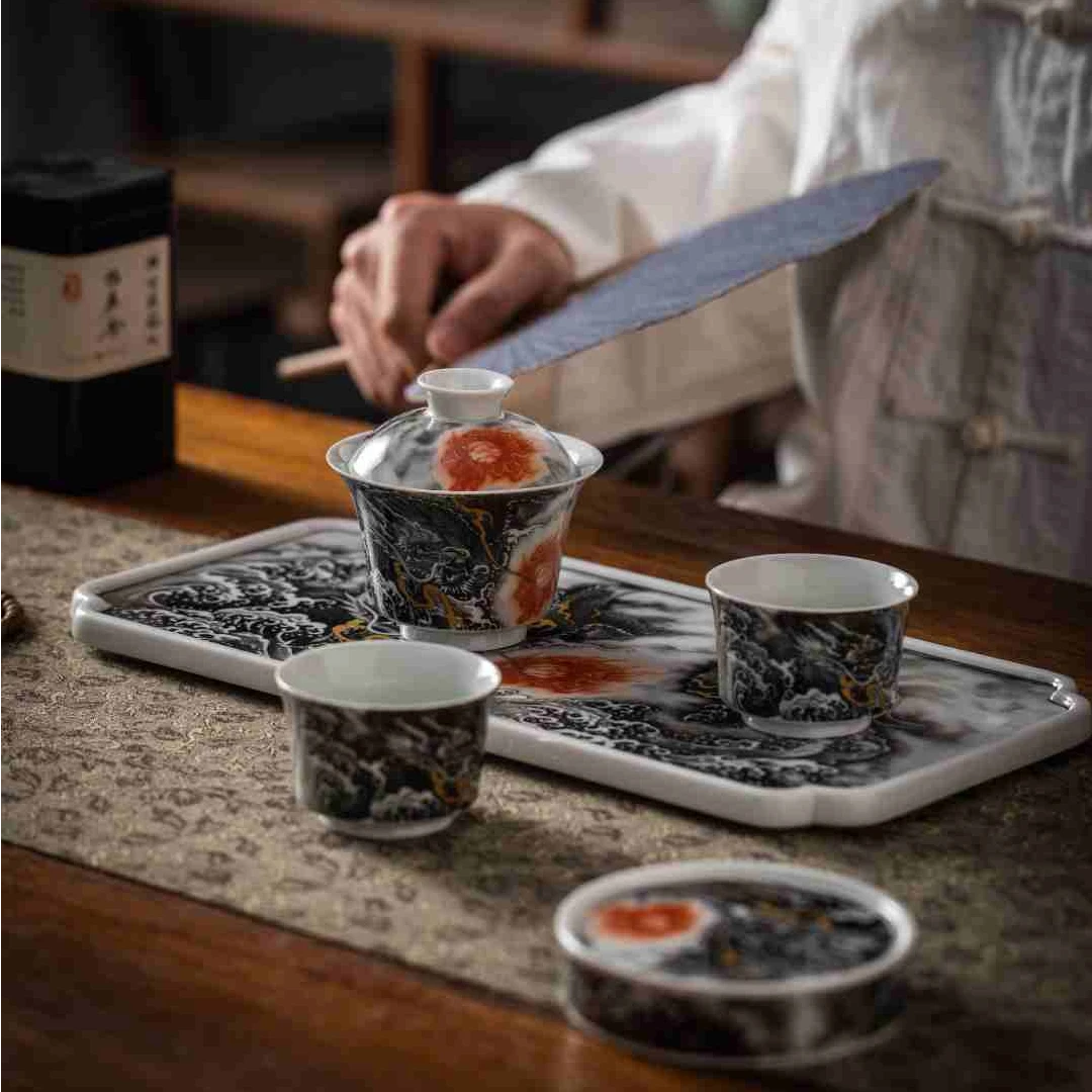 景德镇炎匠堂粉彩墨龙戏珠茶具套组 陶瓷 茶道 干泡台 古典 家用