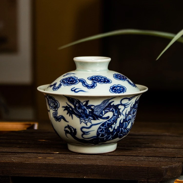 景德镇青花仿元铠甲龙两才盖碗 青花瓷 茶具 茶道  陶瓷 主泡器