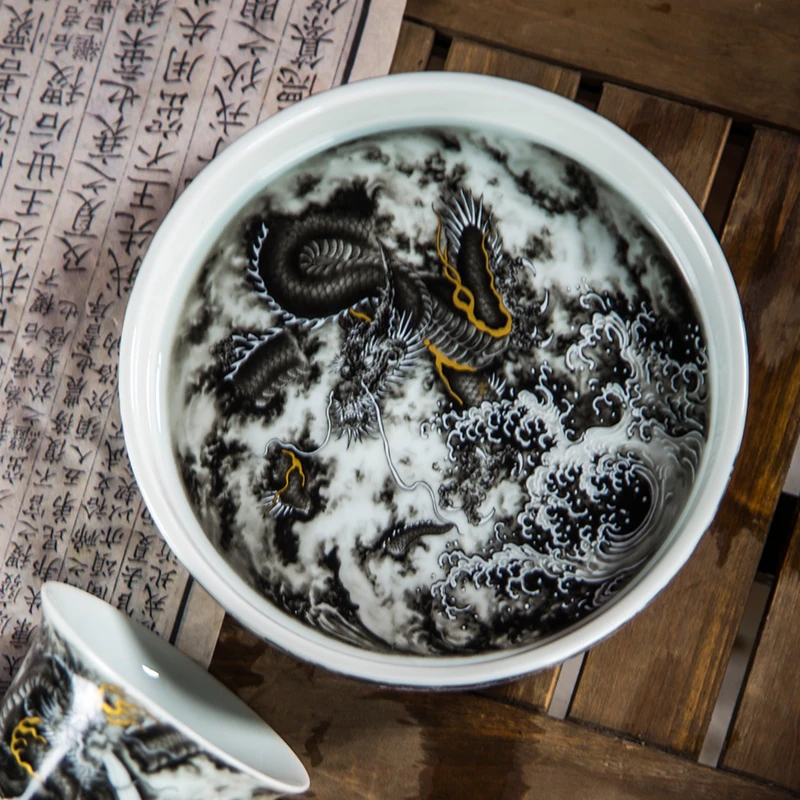 景德镇炎匠堂粉彩墨龙壶承 干泡台 茶道 功夫茶 青花瓷 墨彩