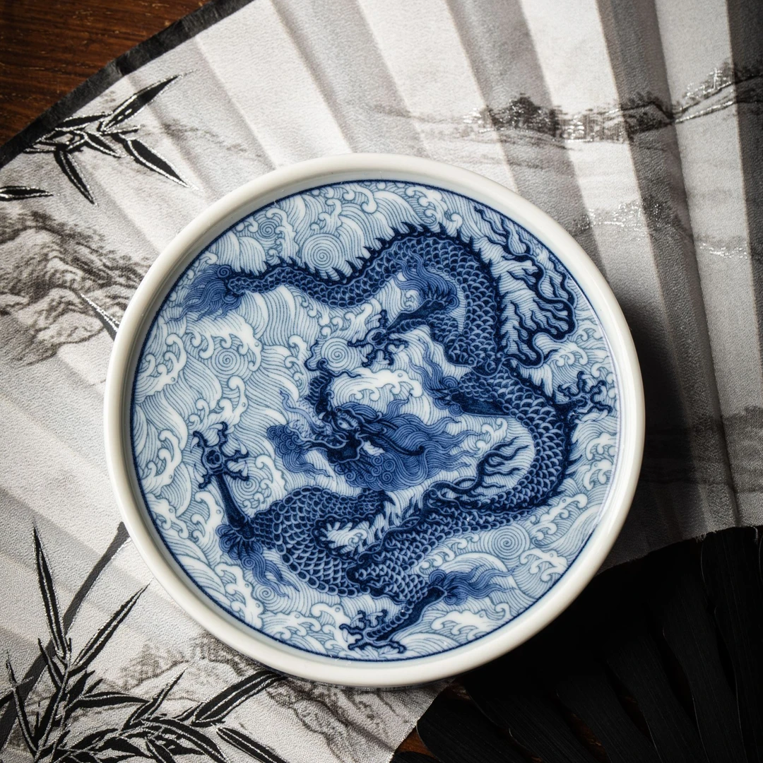 景德镇炎匠堂青花霸王龙直角边盖置 青花瓷 龙纹 杯垫