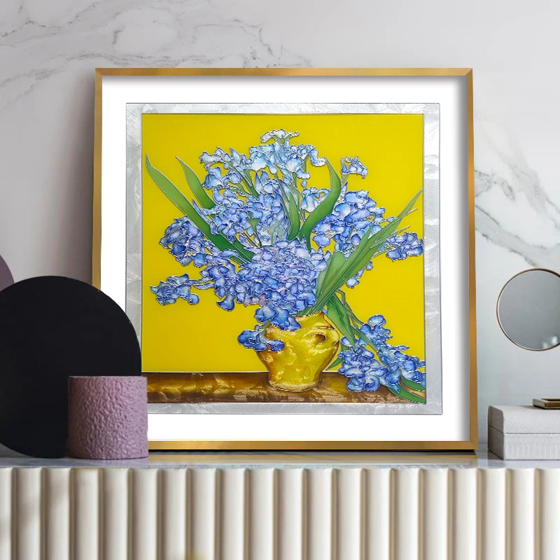 鸢尾花现代餐厅装饰画美式法式轻奢玄关走廊墙壁画手绘珐琅彩挂画