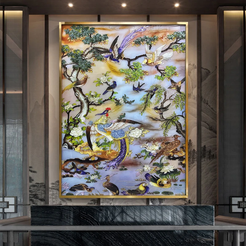 臣萱【百鸟朝凤】新中式装饰画入户玄关墙画酒店会所壁画珐琅彩挂画