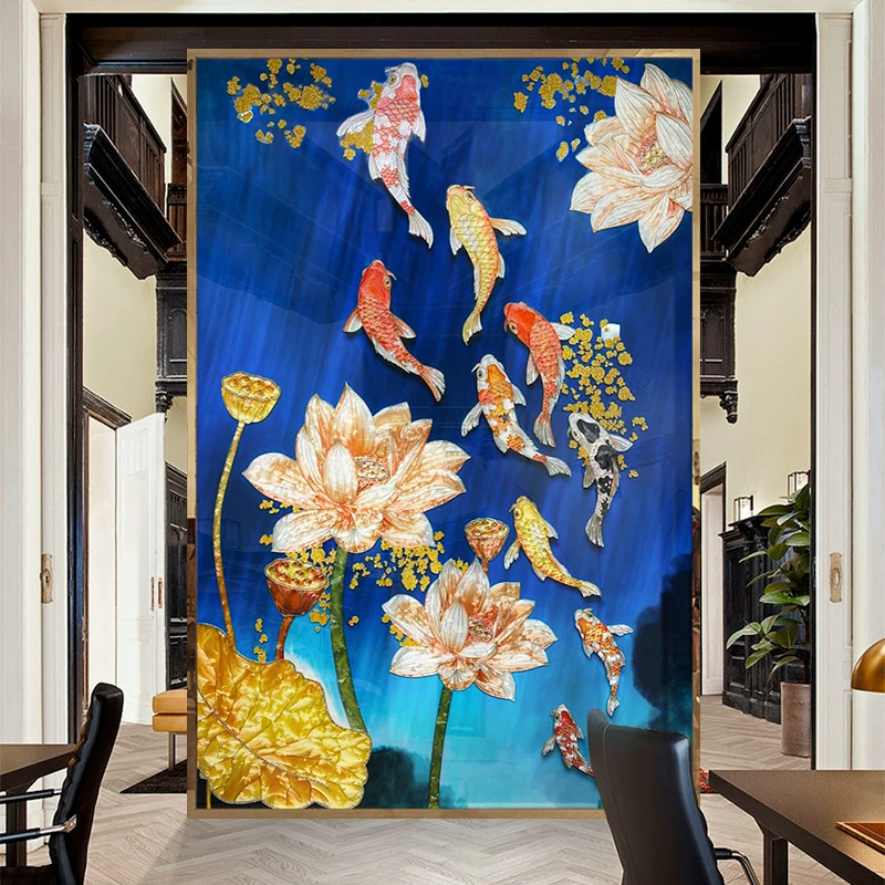 臣萱手绘新中式珐琅彩装饰画九鱼竖版玄关画客厅轻奢大气屏风壁画