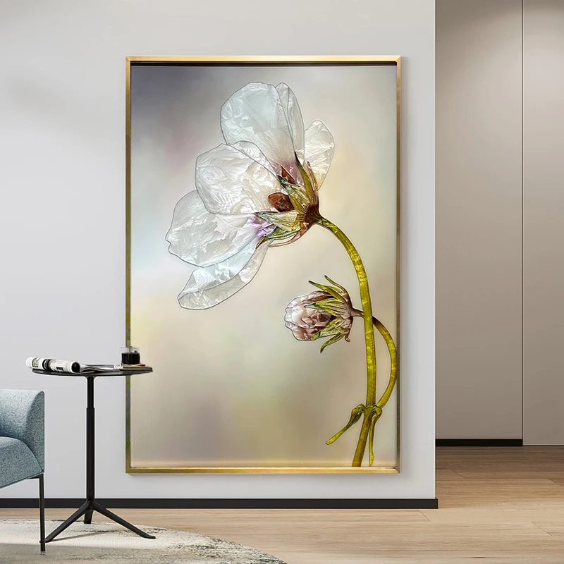 纯手绘珐琅彩餐厅装饰画入户玄关轻奢挂画现代简约花卉画花开半夏