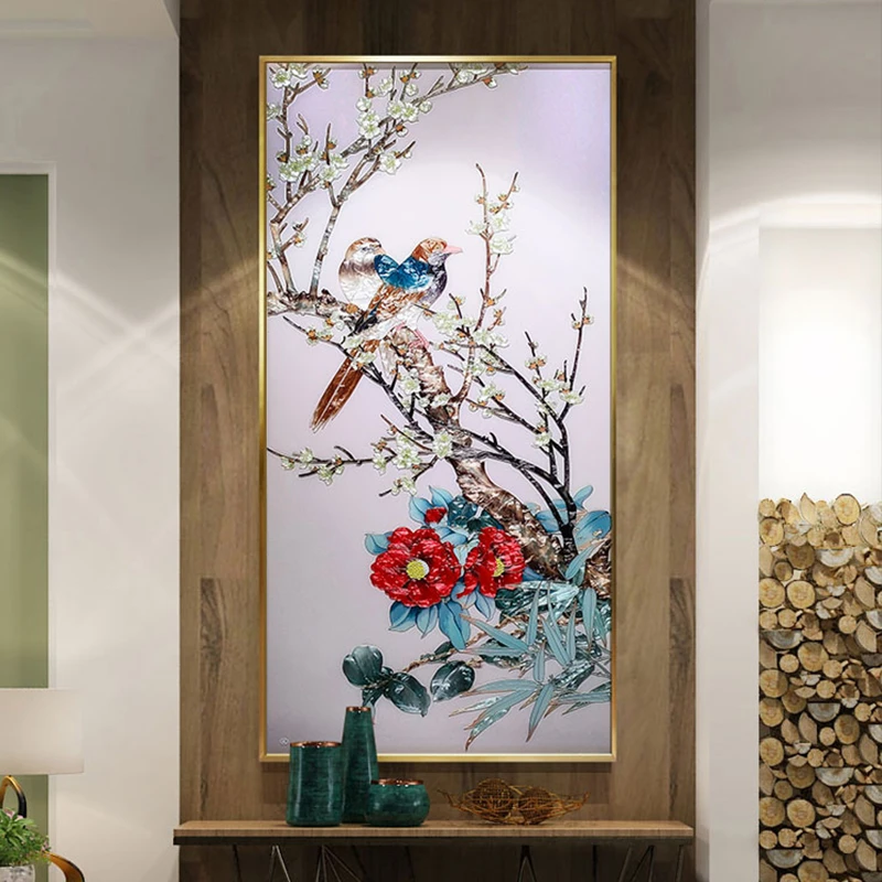 臣萱新中式装饰画手绘珐琅彩画入户玄关过道壁画客厅沙发背景挂画