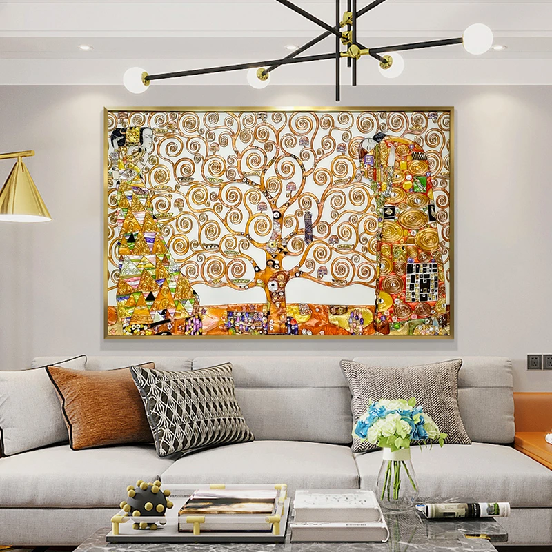 纯手工珐琅彩客厅背景墙装饰画美式轻奢现代餐厅挂画生命之树壁画