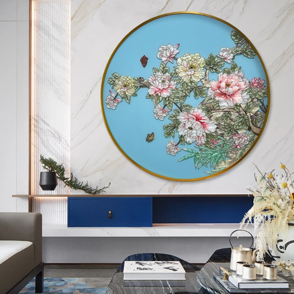 臣萱牡丹圆形画玄关装饰画纯手工牡丹花卉入户餐厅高端珐琅彩挂画