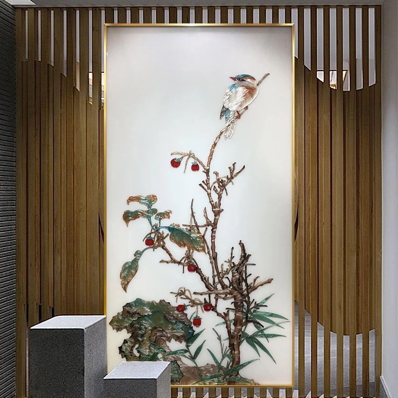 臣萱手绘新中式珐琅彩装饰画入户玄关走廊挂画屏风喜事登枝花鸟画