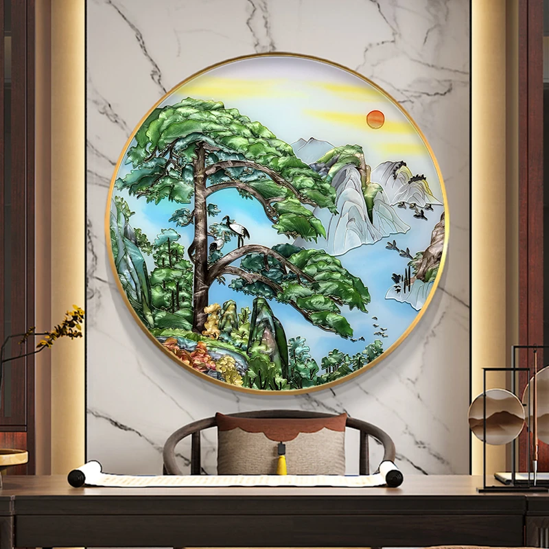 迎客松珐琅彩圆形装饰画玄关挂画新中式茶室书房办公室墙画山水画