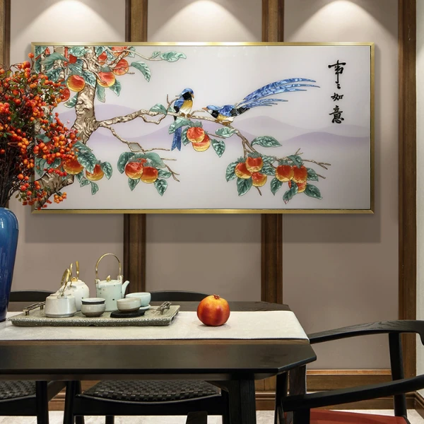 臣萱高端手绘珐琅彩装饰画新中式客厅茶室背景柿子画事事如意挂画