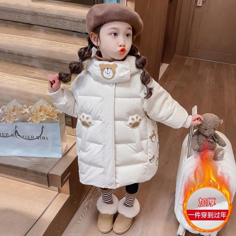 冬季新款女童棉服儿童宝宝加绒加厚棉袄中长款冬装外套棉衣潮流