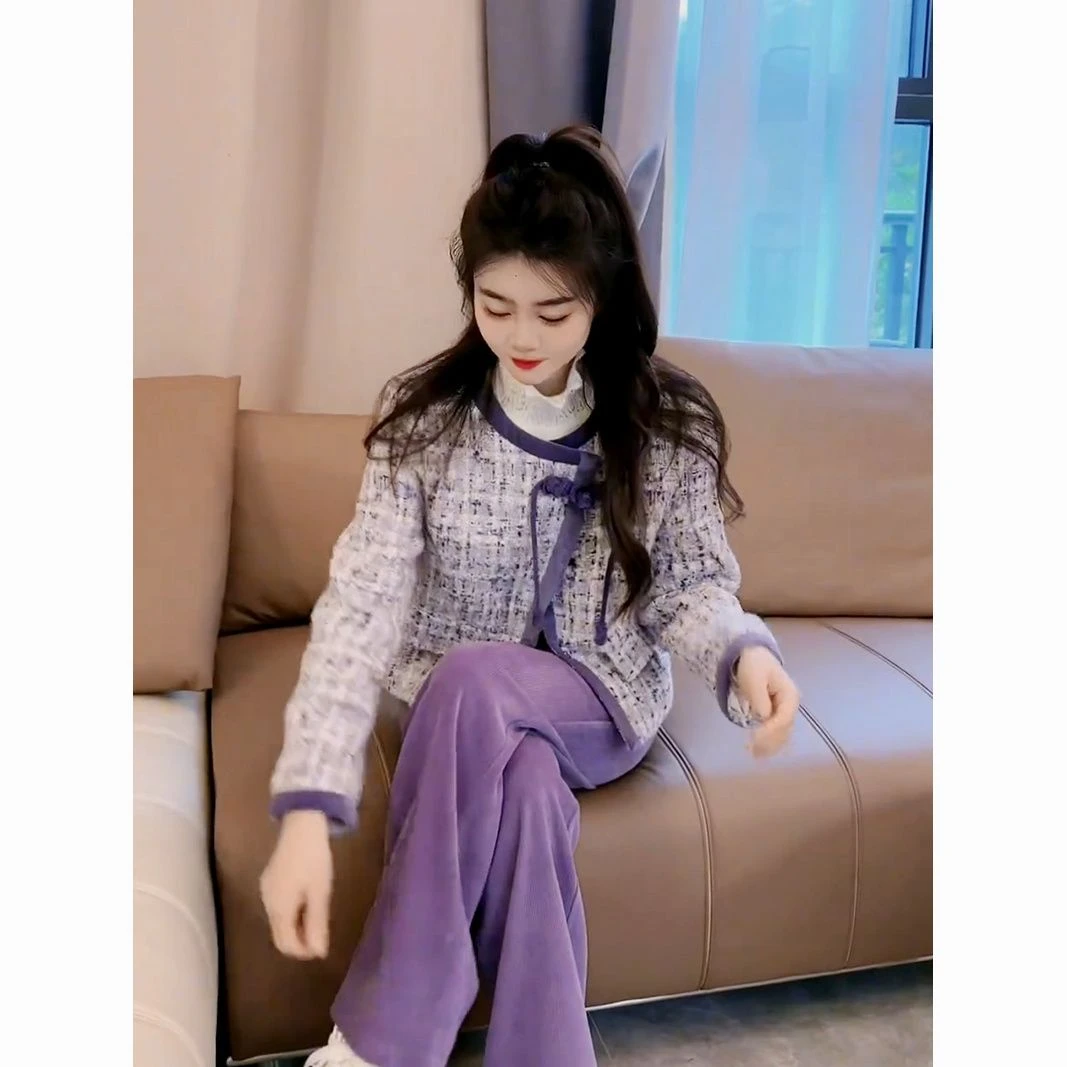 单/新中式国风套装新款春独特上衣紫色小香风外套+阔腿裤两件套