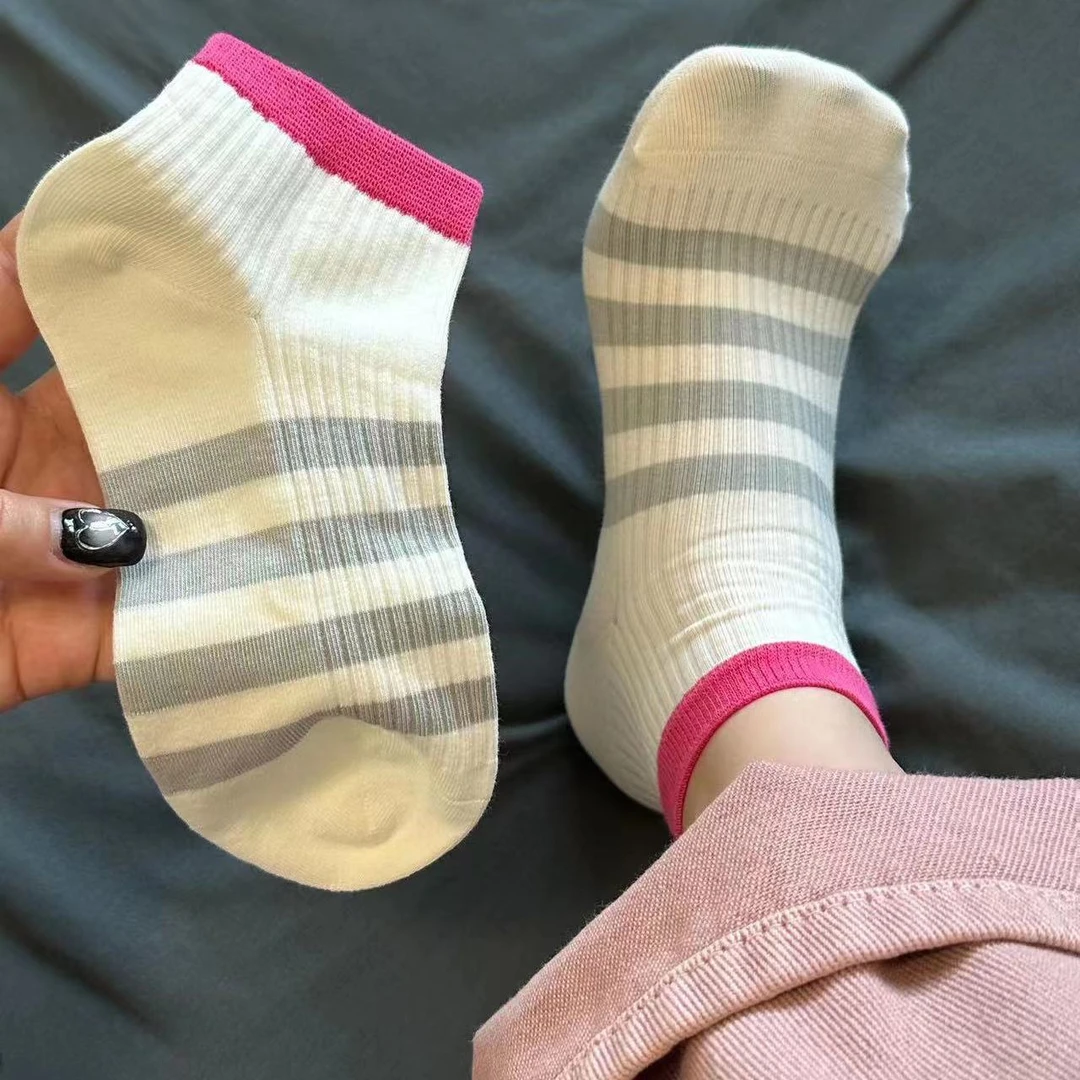 韩版 ins时尚百搭夏季彩色系短袜潮日系简约横条少女学院风短筒袜