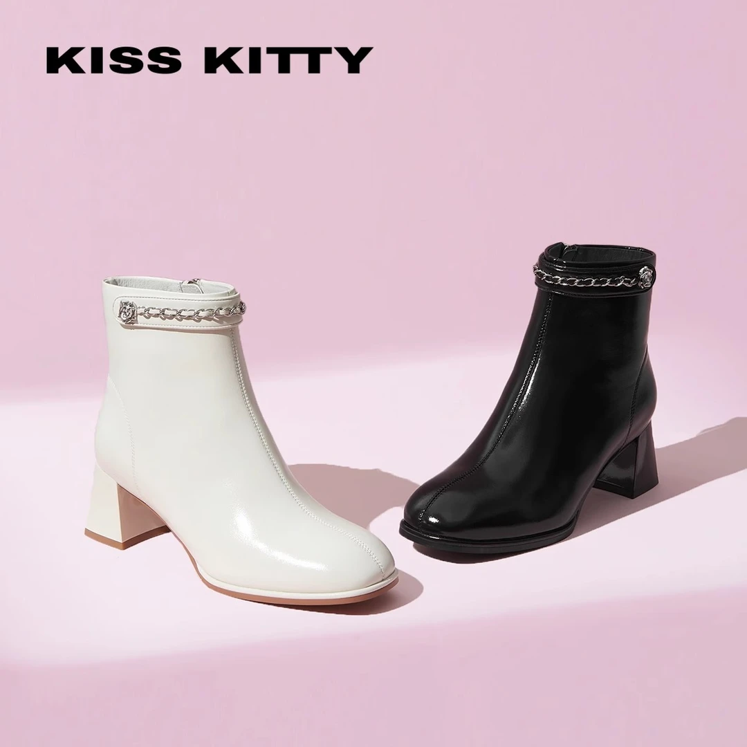 KISSKITTY2024秋冬新款羊皮时装靴通勤高跟靴粗跟厚底SA54736-36