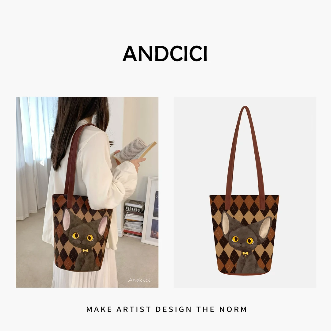 Andcici@设计师款~美拉德文小猫 长肩带水桶包帆布包单肩包托特包