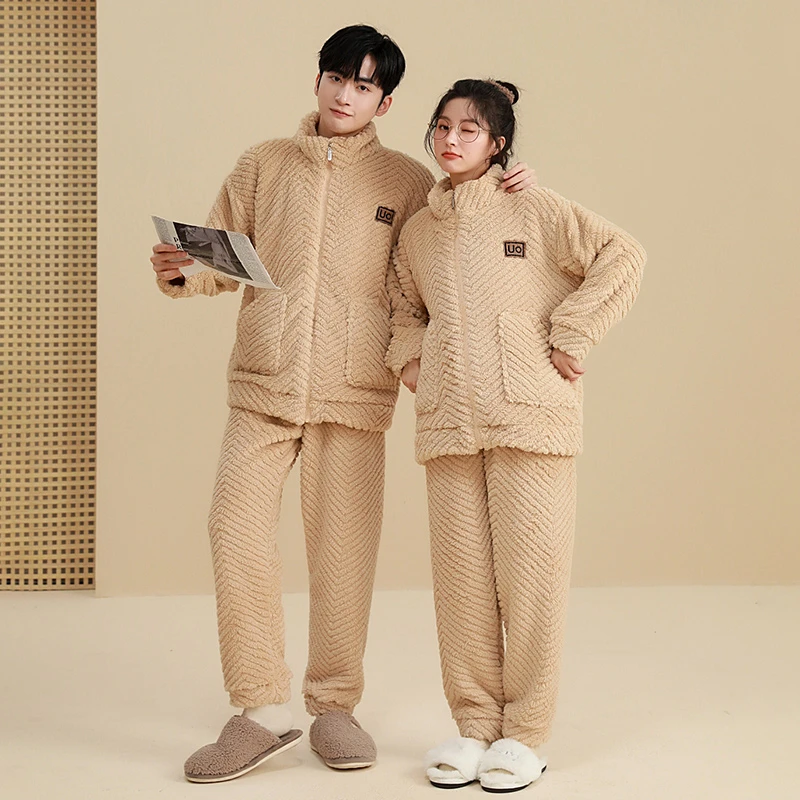 法兰绒情侣款冬季加绒加厚休闲宽松保暖家居服