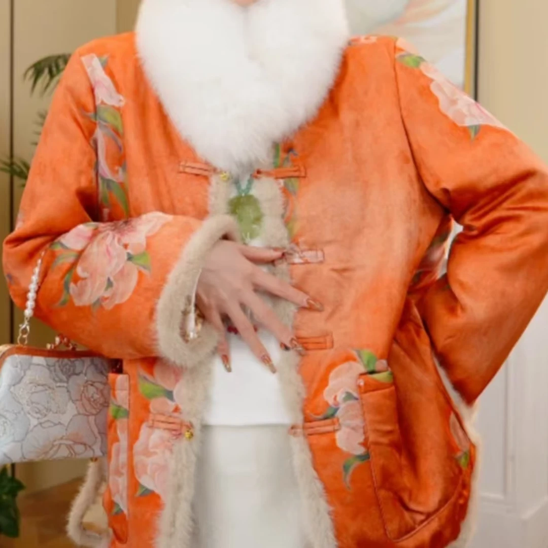 【橙云染彩】冬季毛领丝棉服新中式重工刺绣上衣2024d3876薯条