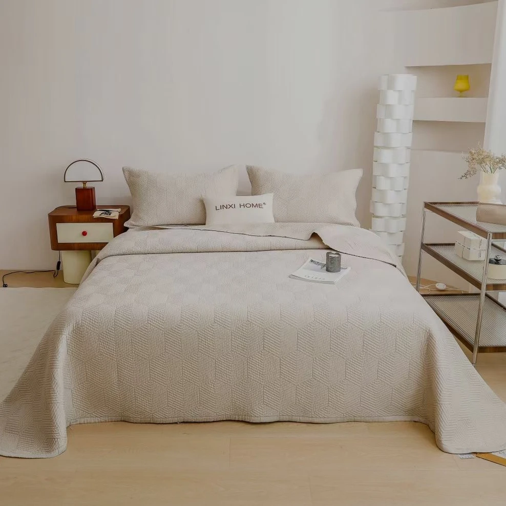 新款双面天丝凉感床盖三件套韩式纯色简约夹棉床单