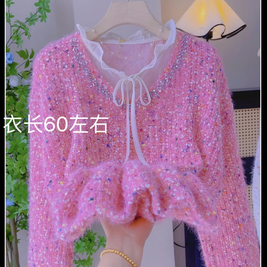 打底同)烫钻彩色波点V领套头毛衣秋冬加厚减龄针织毛衣水叼绒