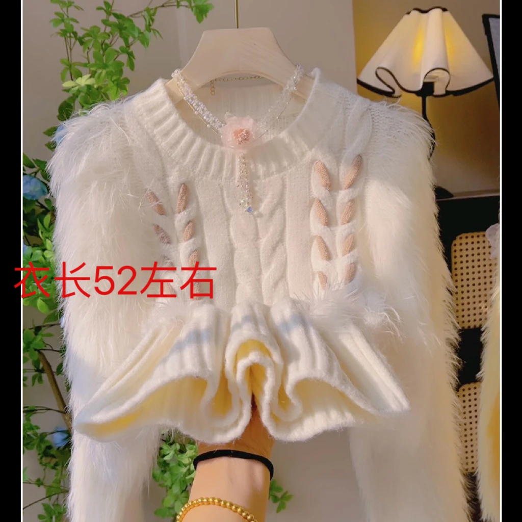 Dtj168两绑带拼接仿貂绒套头毛衣新款针织毛衣上衣