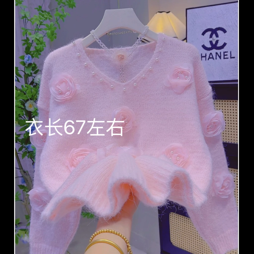 向-好多花朵立体玫瑰重工甜美套头毛衣秋冬新款减龄针织衫毛衣