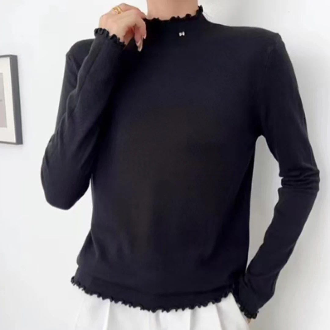 7303冬木耳边半高领纯色修身显瘦长袖针织打底衫上衣女时尚百搭